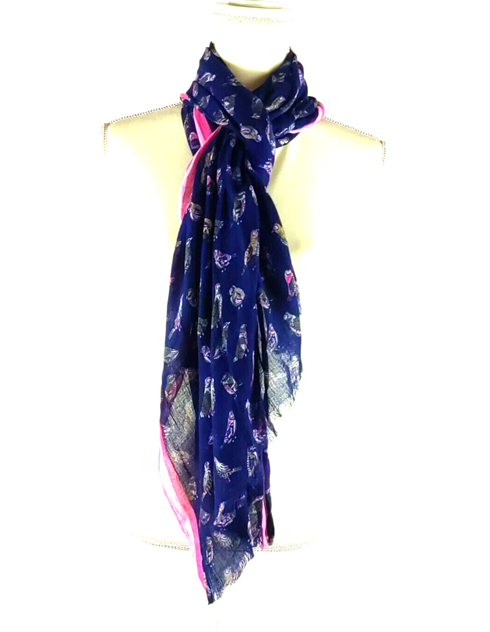 Scarf Bird Pheasant Print Navy Blue Pink Brown Rectangle Lightweight 76" X 25"